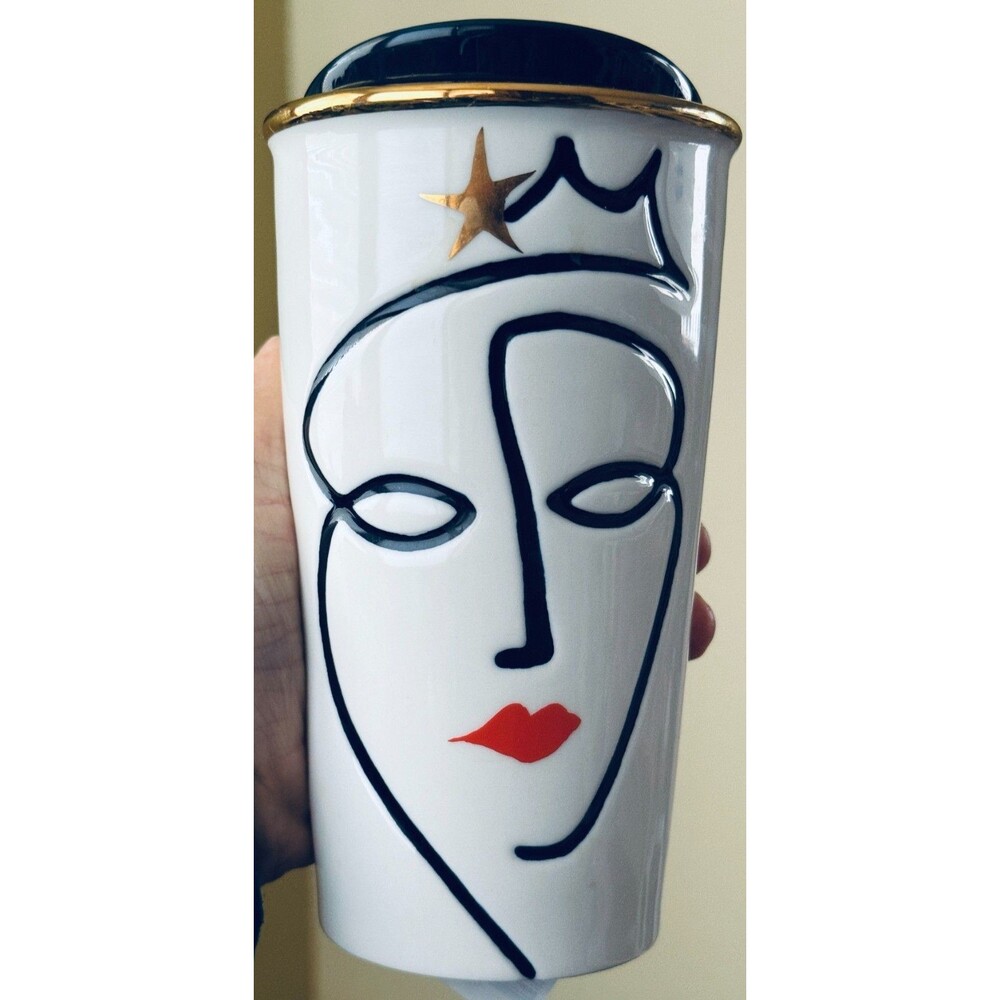 STARBUCKS Tumblr White Ceramic Siren Red Lip Lips Gold Star + Gold Rim 2015 10oz